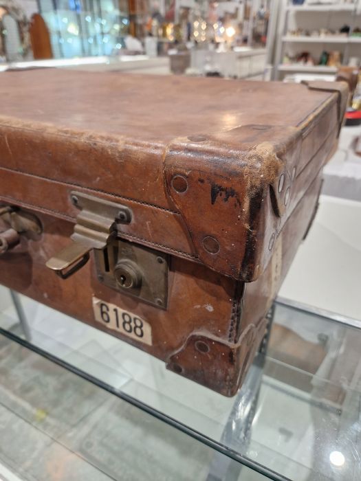 Large leather suitcase with part fitted interior of bottles, brushes, mirrors, etc, with name plaque - Image 5 of 32