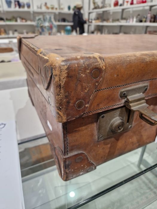 Large leather suitcase with part fitted interior of bottles, brushes, mirrors, etc, with name plaque - Image 7 of 32