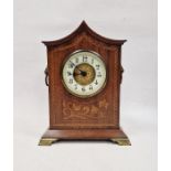 Early 20th century floral inlaid mahogany mantel clock in pointed arched case on brass stepped feet,