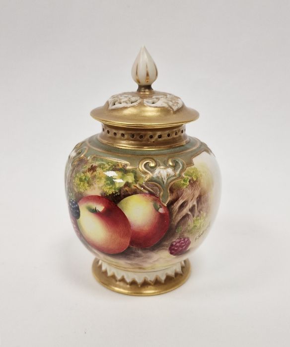 Royal Worcester fruit decorated lobed oviform vase and cover painted by E. Townsend, painted with