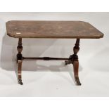 Reproduction figured stained wood and gilded coffee table having shaped corners, on turned supports,