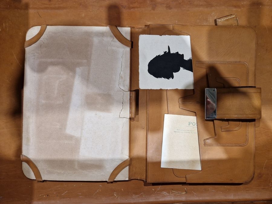 Large leather suitcase with part fitted interior of bottles, brushes, mirrors, etc, with name plaque - Image 31 of 32