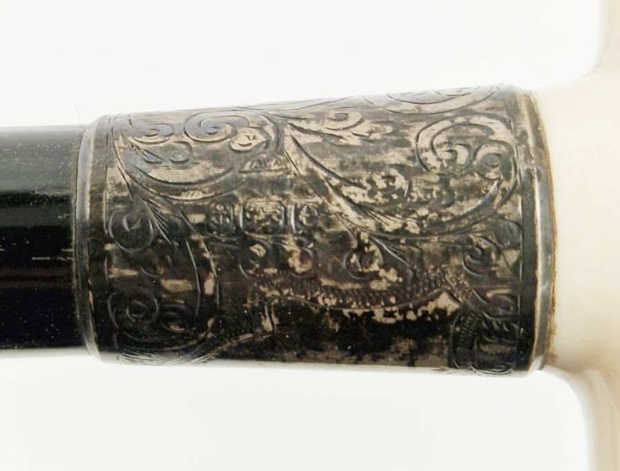 Silver-mounted bone handled ebonised walking cane, bamboo walking stick with silver collar and a - Image 2 of 3