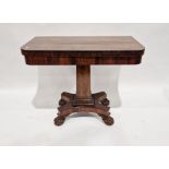 19th century rosewood D-end tea table on square column, quatreform base, on claw and ball feet ,