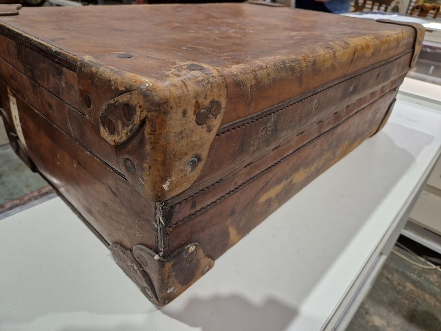 Large leather suitcase with part fitted interior of bottles, brushes, mirrors, etc, with name plaque - Image 12 of 32