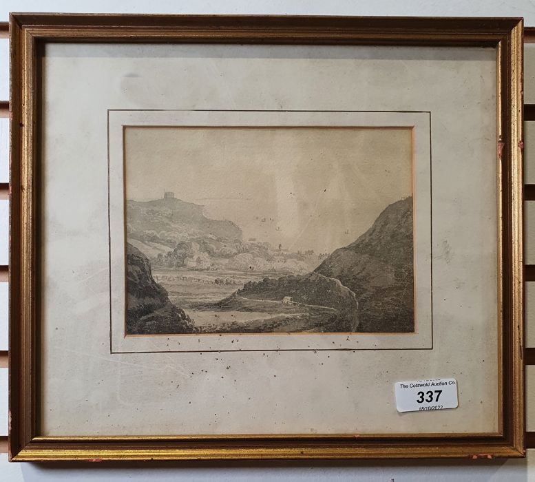 19th century school Watercolour en grisaille  Mountainous landscape with valley and a town in the - Image 2 of 2