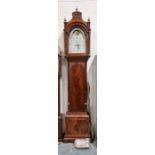 Georgian pagoda topped longcase clock in mahogany case, the hood flanked by reeded and brass