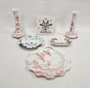 Group of ceramics in revived 18th century delft-style, viz:- pair table candlesticks, a single