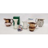 Assorted English pottery jugs, early 19th century and later including a silver Sunderland lustre
