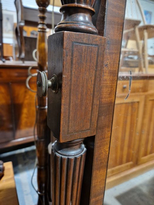 Mahogany cheval robing mirror, the rectangular plate with ebonised borders, on reeded uprights, - Image 6 of 13