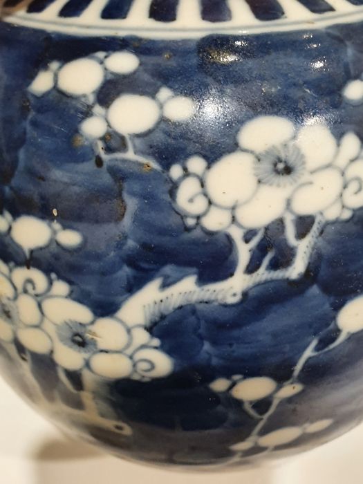 Two Chinese blue and white prunus decorated lidded ginger jars, each with double-ring mark to base - Image 13 of 22