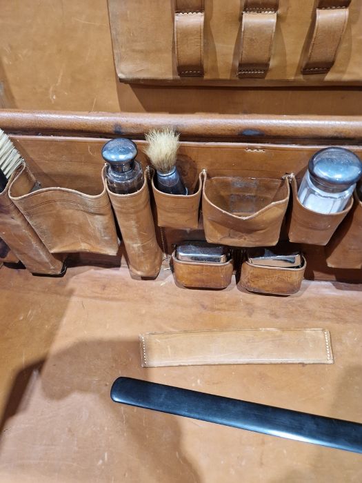 Large leather suitcase with part fitted interior of bottles, brushes, mirrors, etc, with name plaque - Image 18 of 32