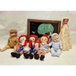 Four various mid-20th century celluloid dolls, five Raggedy Anne dolls and a Snow White mirror (10)