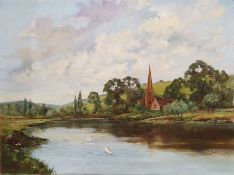 J. Avery (20th century) Oil on canvas River scene with swans and church in background, signed