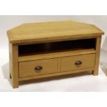 Modern Wiltshire light oak television stand with shelf, two drawers, on straight supports