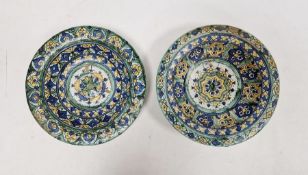 Pair of antique continental tin-glazed earthenware shallow dishes with geometric decoration in