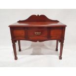 Mahogany sideboard having shaped raised back, single frieze drawer, flanked by pair panels, shaped