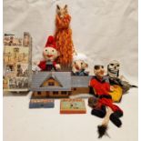 Quantity of puppet accessories, boxed games, model railway station, a wooden and stuffed hobby horse