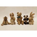 Sealskin miniature toy seal, a Schuco panda bear, a teddy bear and a pair of rabbits (1 box)