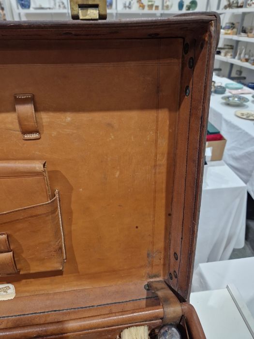 Large leather suitcase with part fitted interior of bottles, brushes, mirrors, etc, with name plaque - Image 24 of 32