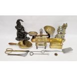 Quantity brass and metal items to include pair balance scales, brass Mr Punch doorstop, another in