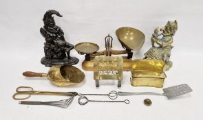 Quantity brass and metal items to include pair balance scales, brass Mr Punch doorstop, another in