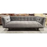 Grey velvet straight side and back three seater sofa Condition ReportScuffs, marks and staining to