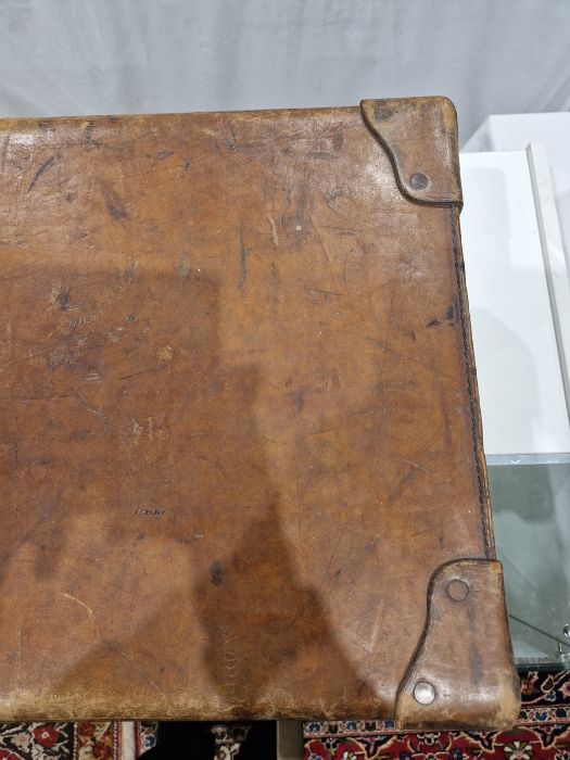 Large leather suitcase with part fitted interior of bottles, brushes, mirrors, etc, with name plaque - Image 14 of 32