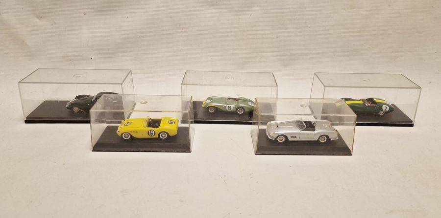 Five cased diecast model cars to include Art model 1:43 scale Ferrari 250 California no.9 winner