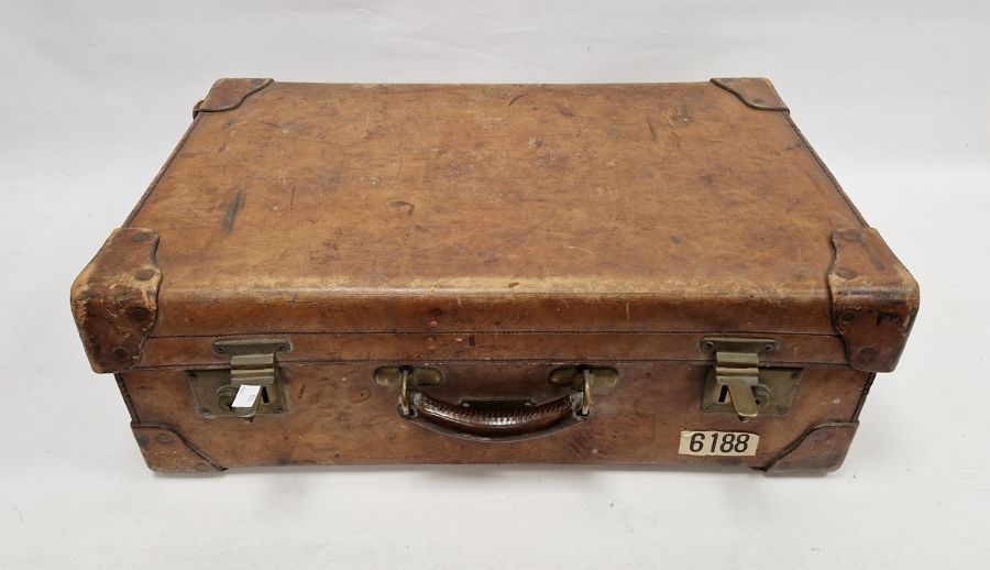 Large leather suitcase with part fitted interior of bottles, brushes, mirrors, etc, with name plaque - Image 2 of 32