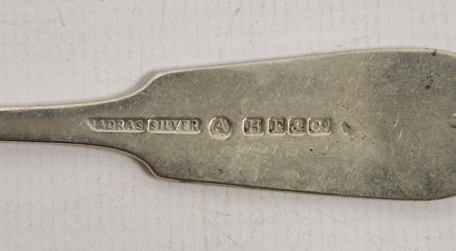 Set of six Indian silver-plate dessert spoons marked 'Madras Silver', 6ozt approx., two silver - Image 4 of 5