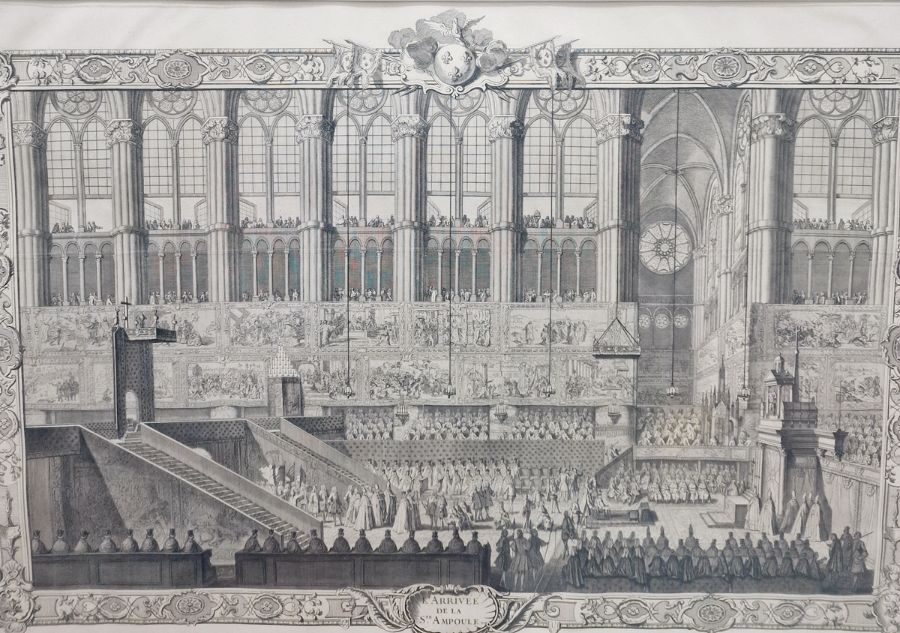 Set of six large engraving reproductions entitled "L'Arrivee de la Ste. Ampoule", "Le Roi