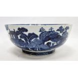 Chinese porcelain blue and white bowl, late 18th century, printed and painted with huts on