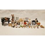 Small quantity of dolls' house furniture, miniature wheelbarrow, miniature teddy bears, miniature