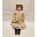 J. D. Kestner bisque shoulderhead doll, no.166, having brown sleeping eyes, open mouth, leather