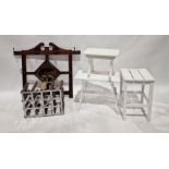 Two white painted occasional tables, a white painted stool, a wine rack and a wall hanging hat stand