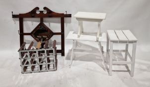 Two white painted occasional tables, a white painted stool, a wine rack and a wall hanging hat stand