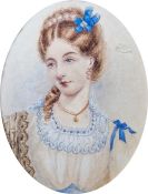 19th century school Watercolour Portrait of a young lady wearing white dress, with pearl tiara and