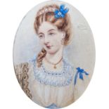 19th century school Watercolour Portrait of a young lady wearing white dress, with pearl tiara and