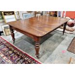 19th century mahogany extending dining table, rectangular with thumb-mould edge and single leaf,