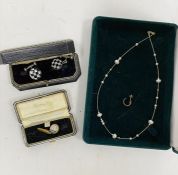 14ct gold and simulated pearl chain necklace, a single gold hoop earring, a pair of silver cufflinks