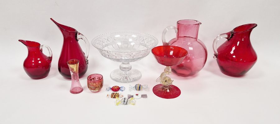 Salviati Murano ruby red champagne saucer with stylised dolphin stem, Victorian cranberry glass jug,