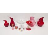 Salviati Murano ruby red champagne saucer with stylised dolphin stem, Victorian cranberry glass jug,