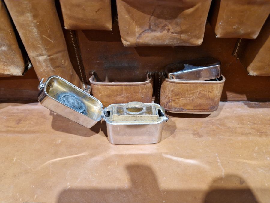 Large leather suitcase with part fitted interior of bottles, brushes, mirrors, etc, with name plaque - Image 29 of 32