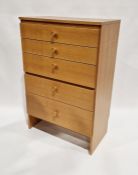 Teak chest of five drawers with turned knob handles, on straight supports, 71cm wide approx.