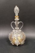 18th/19th century handblown glass decanter with rigaree, probably Dutch, with gilt floral and