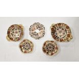 Five Royal Crown Derby Imari pattern small dishes, printed pink and iron red marks, comprising two