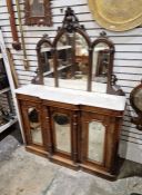 Victorian walnut inlaid marble topped chiffionier with mirror back and mirrored cupboard 85cms