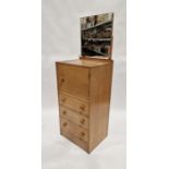 Mid-20th century oak dressing chest having square mirror, cupboard above three drawers with turned