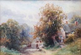 Frank Gresley (1855-1936)  Watercolour Country scene with cattle on a path and figure outside a